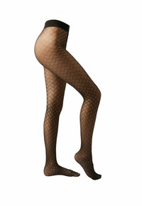 Collants noirs transparents avec un motif en chevron texturé, dotés d'une taille élastique noire unie. Design léger et ajusté.