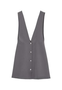 Graues ärmelloses Kleid mit tiefem V-Ausschnitt, vorderem Knopfverschluss mit blütenförmigen Akzenten, glatter Textur und A-Linien-Silhouette.