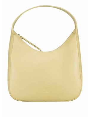 Sac à bandoulière en cuir beige avec une poignée unique, fermeture éclair et logo embossé subtil au centre avant.
