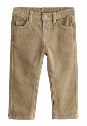Beige corduroy toddler pants with front pockets, button closure, and belt loops, shown flat on a white background.