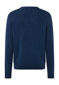 Navyfarbener Strickpullover mit rundem Ausschnitt und langen Ärmeln. Glatte Textur mit geripptem Saum und Bündchen, keine Muster oder Verzierungen.