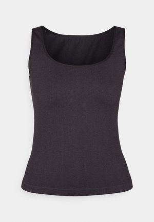 Débardeur noir gris à côtes avec un décolleté en forme de bateau et des fines bretelles, présentant une coupe ajustée et une texture lisse.