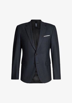 Donker marineblauwe herenblazer met twee zwarte knopen, inkeping revers, klepzakken en een wit pochet in het borstzakje.