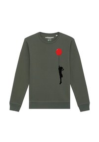 Donkergroen sweatshirt met een zwarte silhouet van een kind dat een rode ballon vasthoudt op de voorkant. Gemaakt van zachte stof met geribbelde manchetten.