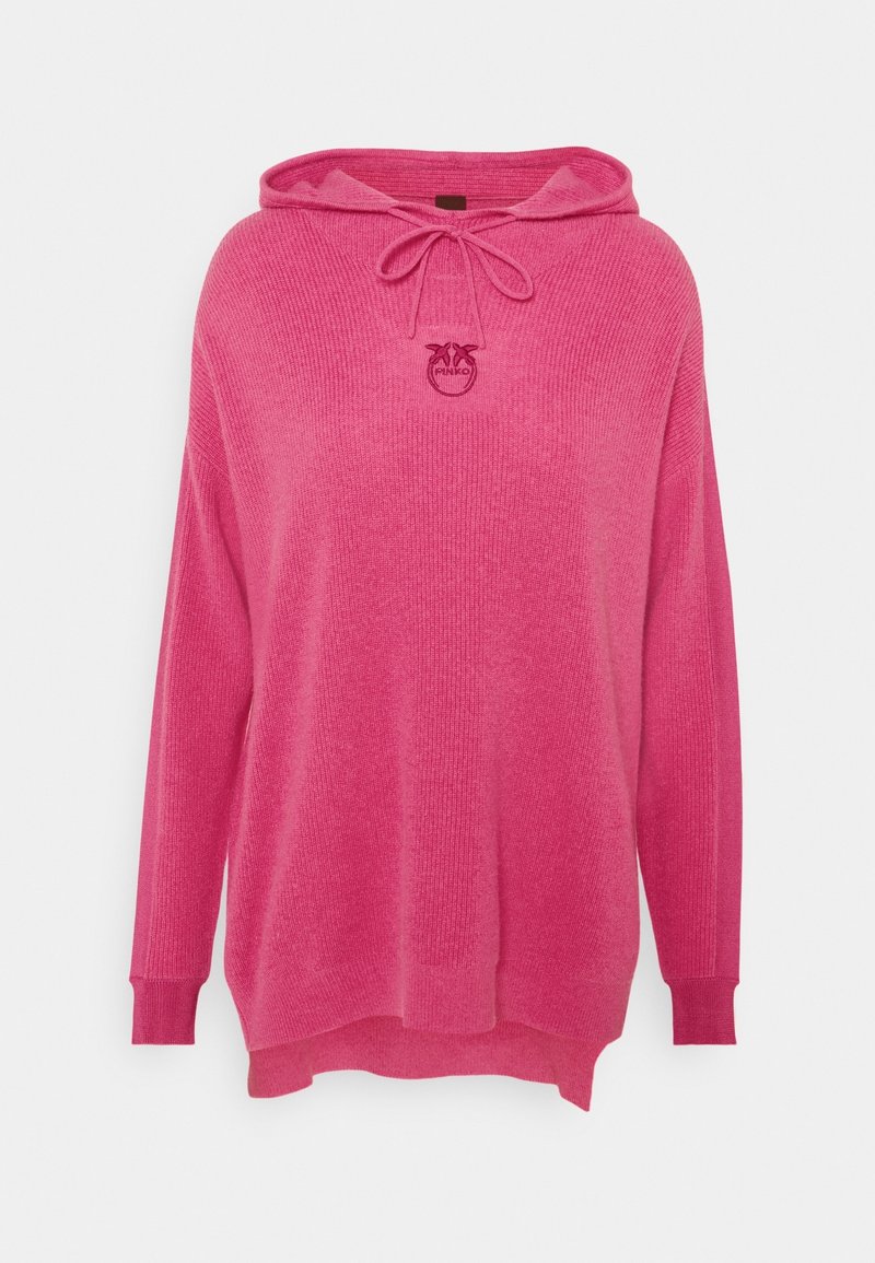 Rosa Kapuzensweatshirt mit geripptem Material, Kordelzug am Ausschnitt und besticktem Logo. Verfügt über lange Ärmel und eine lockere Passform.