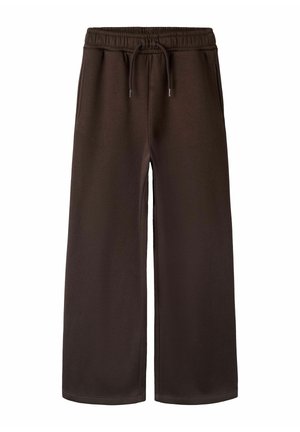 Pantalon de survêtement large marron foncé avec taille élastique et cordon, avec poches latérales et coupe décontractée.