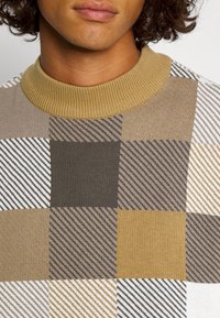 Zbliżenie na osobę w dzianym swetrze w kratkę w kolorach beżowym, brązowym, białym i musztardowym, z prążkowanym kołnierzem w kolorze musztardowym.