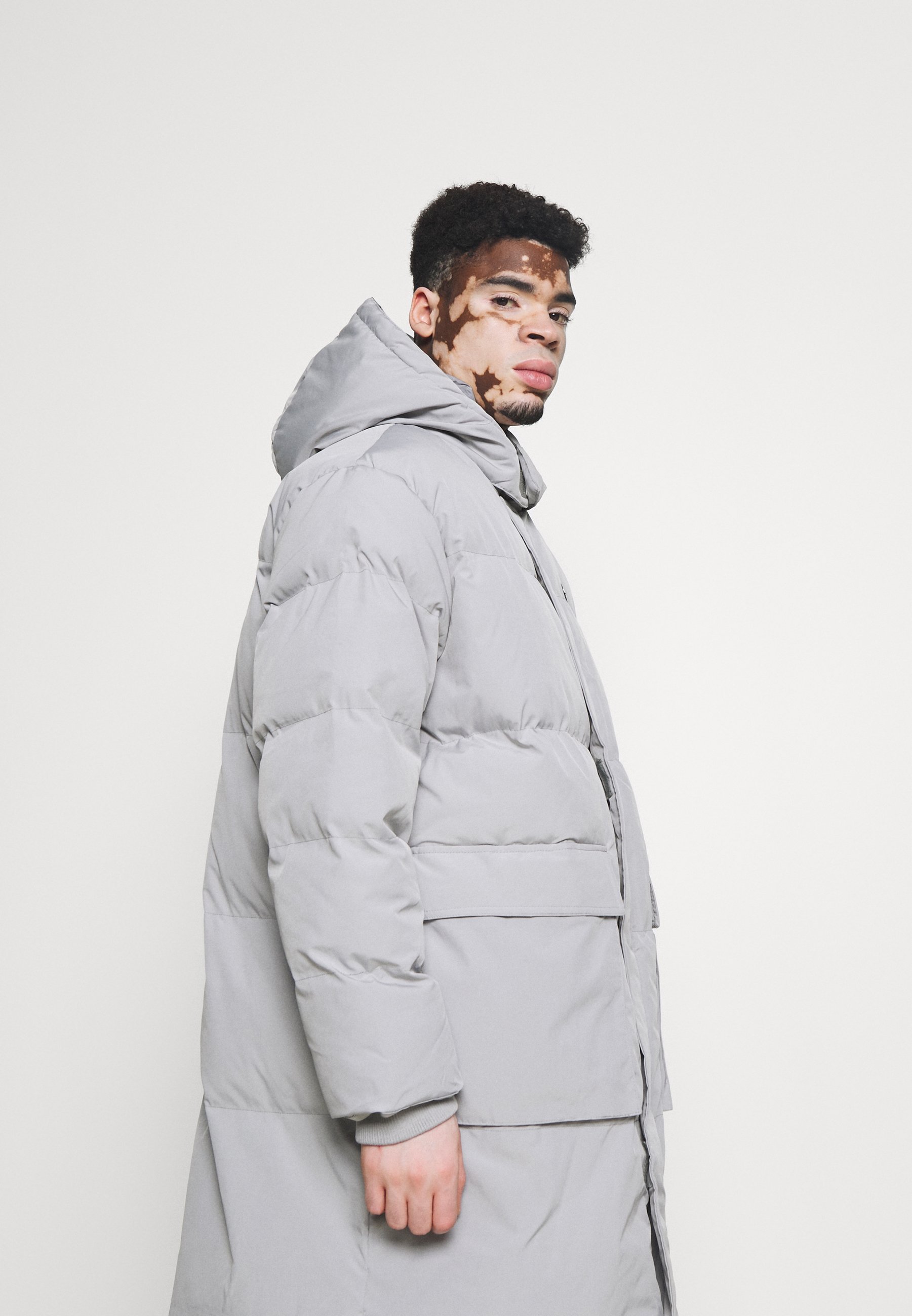 grey longline puffer coat
