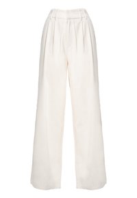 Pantalones de pierna ancha en color crema, con una cintura alta, pliegues y una tela suave y ligera. Diseño simple sin patrones o acentos visibles.