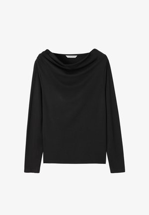 Haut noir à manches longues avec un col drapé, fabriqué en tissu doux, présentant un design ajusté et des coutures minimalement visibles.