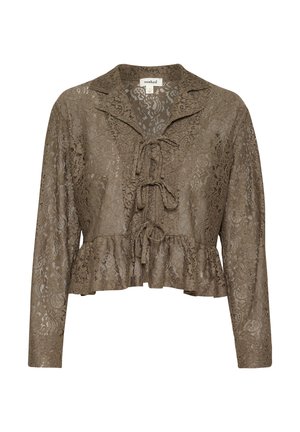 Olive green lace blouse with long sleeves, peplum hem, and front tie closure. Intricate floral pattern throughout the fabric.