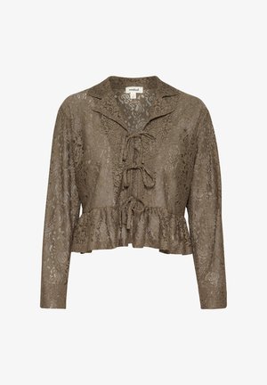 Olajzöld csipke blúz hosszú ujjakkal, peplum aljúval és elöl megkötős zárással. Bonyolult virágmintázat az anyagon.