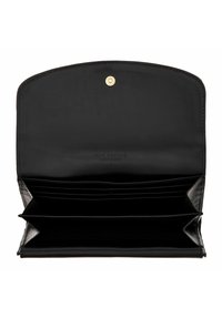 Portafoglio in pelle nera con texture liscia, dotato di chiusura a scatto, numerosi scomparti per carte e un ampio interno per l'organizzazione.