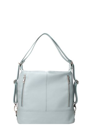 Borsa a tracolla in pelle blu chiaro con finitura testurizzata, due zip laterali, tracolla regolabile e base piatta per stabilità.