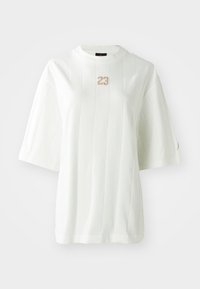 White short-sleeve T-shirt with vertical ribbing, featuring a gold embroidered "23" centered on the chest and a small accent on the left sleeve.