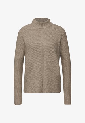 Beige geribbelde coltrui met lange mouwen, zachte textuur en een geometrisch patroon dat verticaal over de stof loopt.