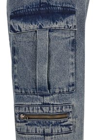 Blue denim fabric featuring a large patch pocket with a flap and a smaller zippered pocket, both on the thigh area. Textured finish.
