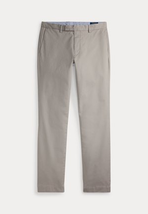 Light beige straight-leg trousers with belt loops, front pockets, and a zip fly closure.