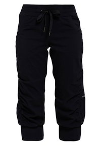 Černé zkrácené kalhoty se stahovací šňůrkou v pase, bočními kapsami a nařasenými detaily na lemu. Vyrobené z měkké, prodyšné látky.