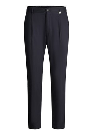 Schwarze, maßgeschneiderte Hose mit vorderen Falten, Knopf- und Reißverschluss, Gürtelschlaufen und einem elastischen Taillenabschnitt.