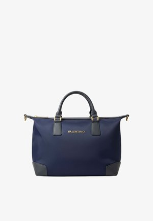 Marineblauwe Valentino tote-tas met zwarte handvatten, zwarte hoekaccenten en gouden hardware, weergegeven tegen een witte achtergrond.