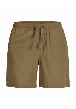 Pantaloni corti verde oliva realizzati in tessuto leggero, dotati di una vita elastica con cordoncino e tasche laterali. Texture liscia, design casual.