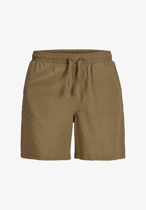 Olivovo zelené šortky vyrobené z ľahkého materiálu, s elastickým pásom a šnúrkou na stiahnutie, a bočnými vreckami. Hladká textura, neformálny dizajn.
