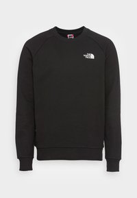 Sudadera negra con mangas raglán, cuello redondo y puños acanalados. Presenta un pequeño logo blanco en el lado izquierdo del pecho. Fabricada con tejido suave.