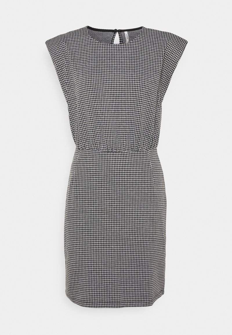 Musta-valkoinen ruudullinen mekko, jossa on lyhyet hihat, kiristetty vyötärö ja avokurkkuselkä. Valmistettu kevyestä kankaasta.