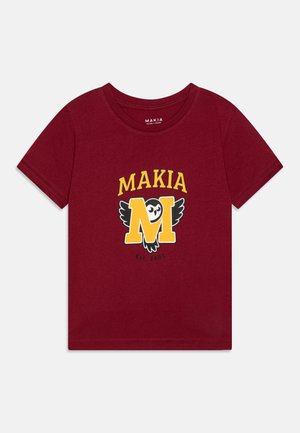 Burgundy cotton t-shirt featuring a yellow and black owl graphic with "MAKIA" and "Est. 2001" text beneath. Short sleeves and crew neck design.