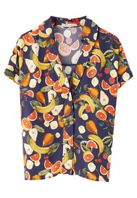 Short-sleeve button-up shirt featuring a dark navy fabric adorned with a colorful fruit pattern, including bananas, pears, and citrus fruits.