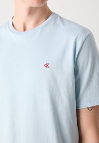 Tricou din bumbac de culoare albastru deschis, cu guler rotund și mâneci scurte. Prezintă un mic logo brodat „ck” de culoare roșie pe piept.