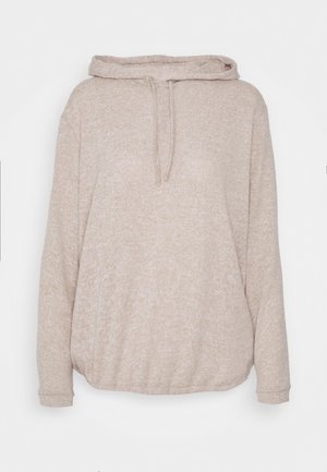Beiger Fleece-Hoodie mit langen Ärmeln, Kordelzug-Kapuze und elastischem Saum, gezeigt vor weißem Hintergrund.
