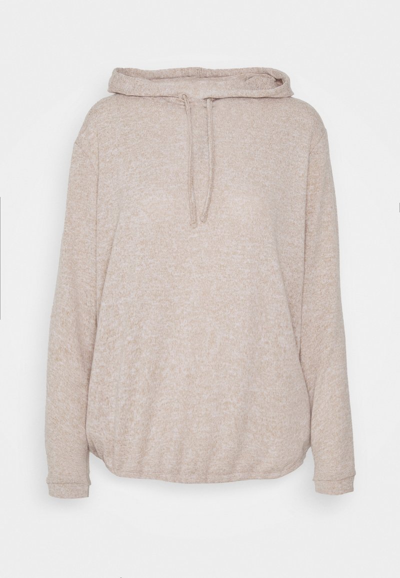 Sweat à capuche beige en polaire manches longues avec capuche à cordon de serrage et ourlet élastique, présenté sur fond blanc uni.