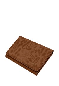 Bruine portemonnee gemaakt van textuurmateriaal met een subtiel dierenprintpatroon. Beschikt over een vouwontwerp en een reliëflogo aan de voorkant.