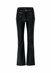 Pantalones acampanados de piel sintética negra con una textura suave, cuatro bolsillos y un detalle de botón dorado en la parte frontal.