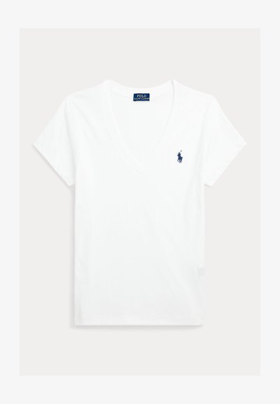 Hvid kortærmet V-hals T-shirt med lille mørkeblå Polo Ralph Lauren-logo broderet på venstre bryst.