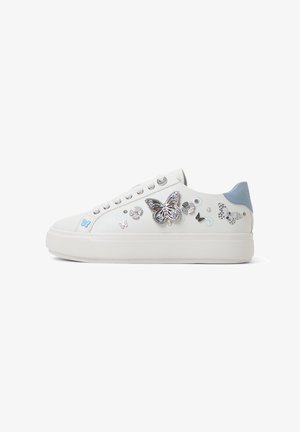 White leather sneaker with light blue accents, featuring butterfly decorations, silver studs, and a textured rubber outsole.
