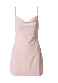 Rosa, ärmelloses Minikleid mit einem Wasserfallausschnitt. Der schimmernde Stoff verstärkt sein weiches Erscheinungsbild. Gerade Säume am unteren Rand.