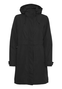 Manteau long noir avec capuche, fabriqué en tissu imperméable. Comprend des boutons à l'avant, deux grandes poches, des cordons de serrage réglables et des sangles aux poignets.