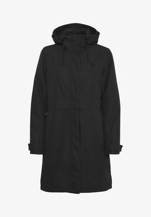 Černý dlouhý kabát s kapucí, vyrobený z voděodolné látky. Má přední knoflíky, dvě velké kapsy, nastavitelné šňůrky a popruhy na manžetách.