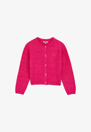 Roze gebreide cardigan, ronde hals, lange mouwen, sluiting met vijf knopen, geribbelde textuur en een iets verkorte zoom.