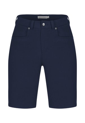 Granatowe szorty wykonane z elastycznego materiału, z przodu zapinane na zamek, z dwiema kieszeniami i dopasowanym krojem. Gładka tekstura i czysty design.