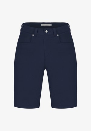 Granatowe szorty wykonane z elastycznego materiału, z przodu zapinane na zamek, z dwiema kieszeniami i dopasowanym krojem. Gładka tekstura i czysty design.