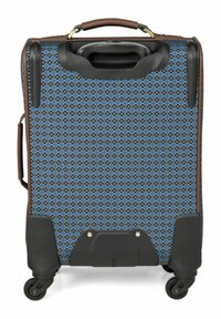 Rollende koffer met een blauw patroon aan de buitenkant, bruin leren accenten, een handvat aan de bovenkant en zwarte afwerking. Beschikt over stevige wielen voor mobiliteit.