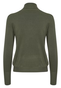 Pull en tricot vert avec col montant, manches longues, poignets et ourlet côtelés. Texture douce et coupe ajustée.