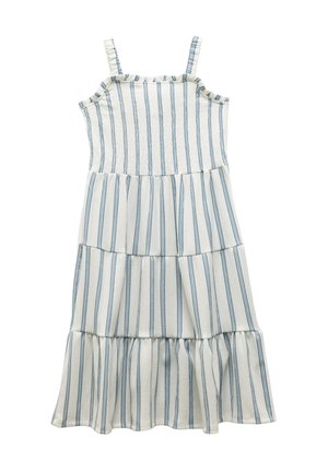 Kerrosmainen, hihaton mekko kevyestä kankaasta. Ominaisuuksiin kuuluu valkoisia ja sinisiä pystysuoria raitoja, kuminauhalla varustettu vartaloosa ja röyhelöolkaimet.