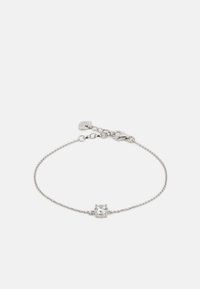 Silberne Kettenarmband mit einem runden, klaren Edelstein in der Mitte, der in einer vierfachen Krappenfassung gesichert ist, mit einem Karabinerverschluss.