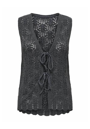 Grå strikket ærmeløs vest med bølget kant, blonder, og frontlås. Har en dyb V-hals og åbent design.