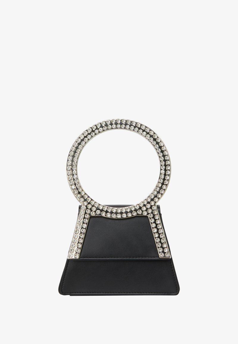 Musta nahkalaukku, jonka pohja on kolmiomainen ja pyöreä metallinen kahva, joka on koristeltu kirkkailla strassikivillä. Sujuva pinta ja jämäkkä muotoilu.